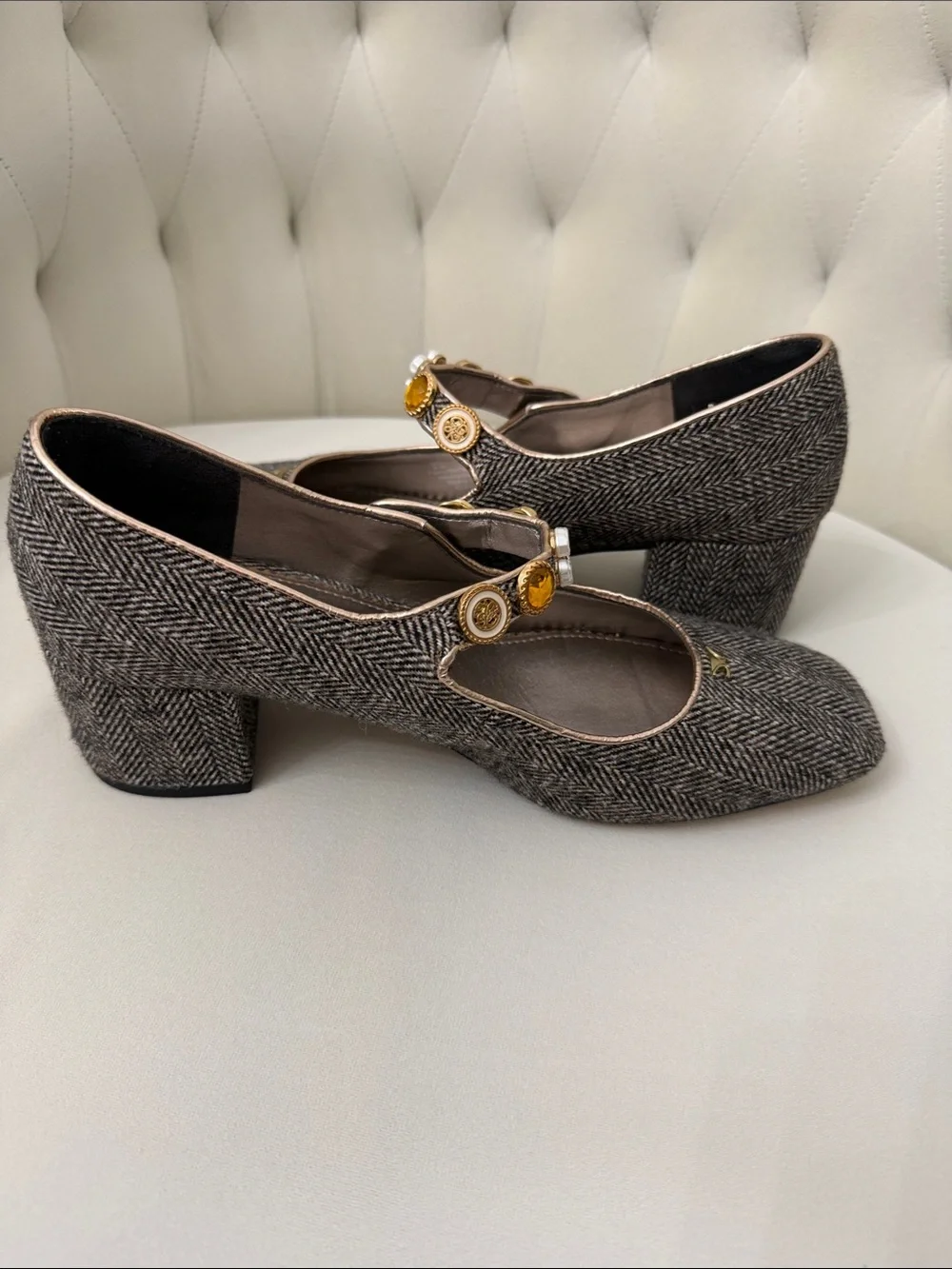 Circus NY Womens Herringbone Mary Jane Flats with Amber and Pearl Accent